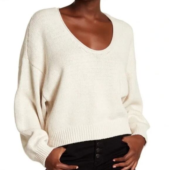 Free People Ivory Scoop Neck Oversized Sweater